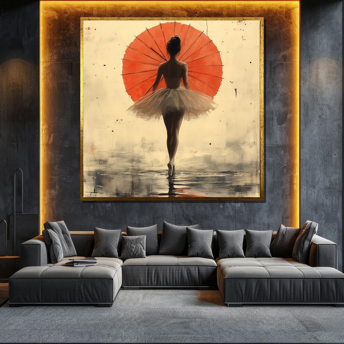 Ballerina Holding Red Parasol From Behind Dreamy Textured Painting Poster