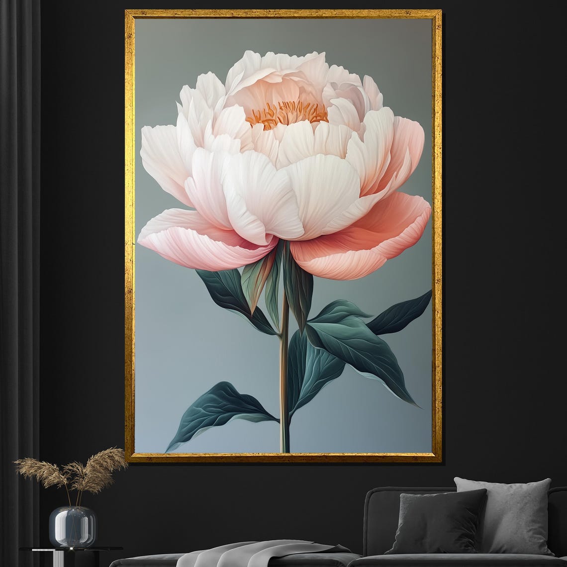 Pink Peony Single Bloom Painting Soft Blue Background Elegant Wall Art