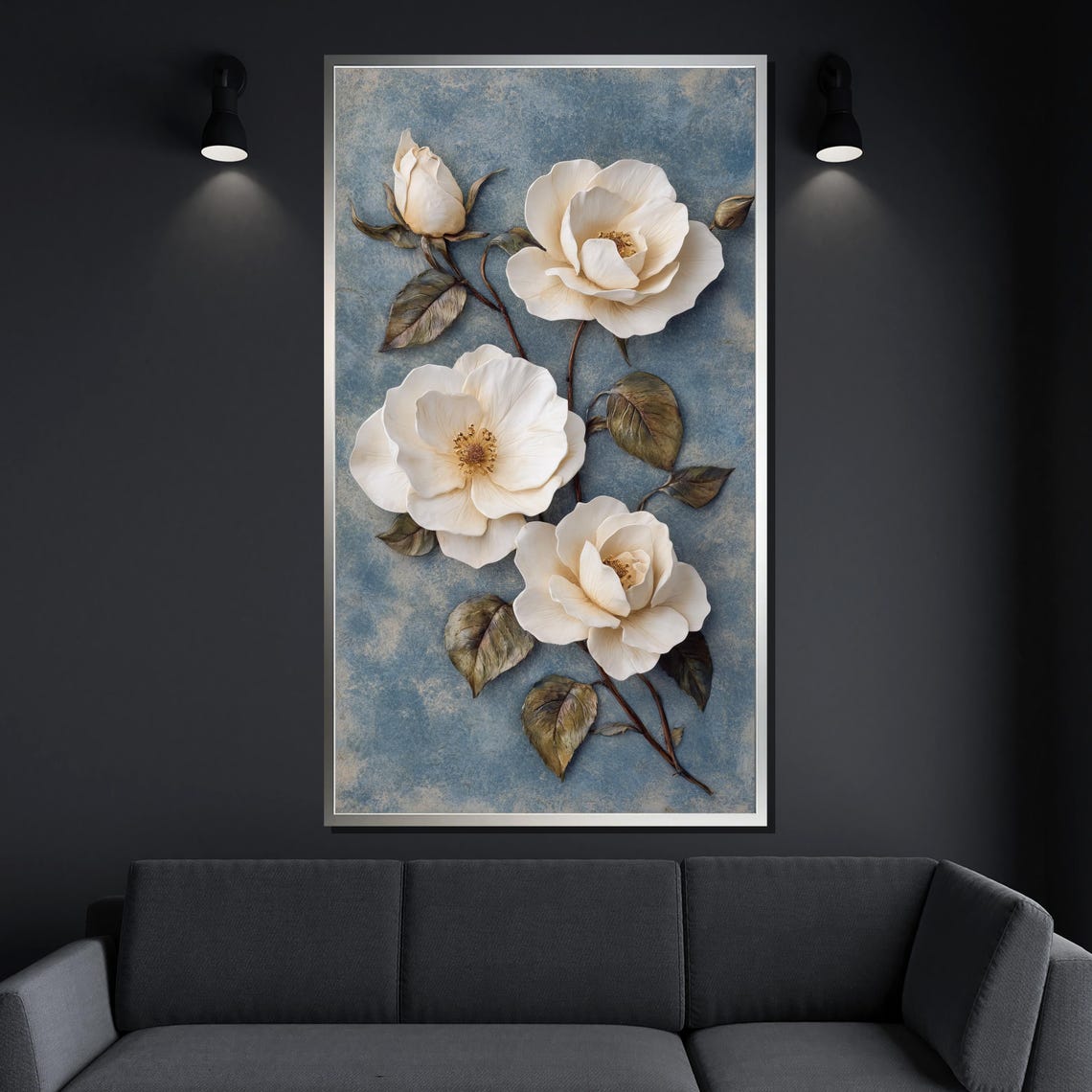 White Roses Branch Textured Plaster Blue Background Floral Wall Art - Image 4