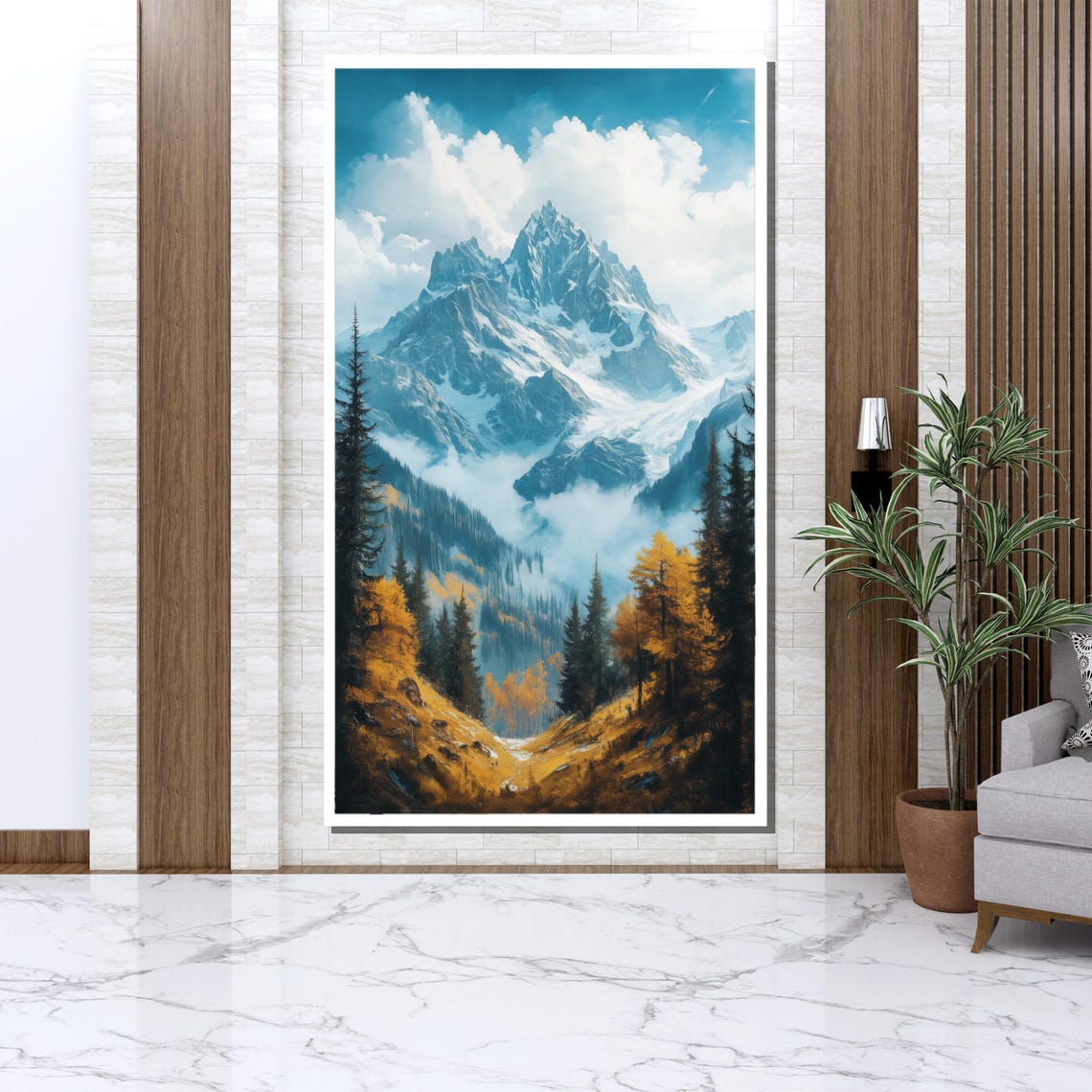 Dramatic Snowy Peak Clouds Golden Autumn Forest Mountain Poster - Image 3