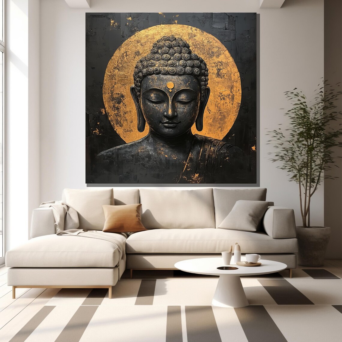 Black Stone Buddha Golden Halo Circle Luxury Zen Meditation Wall Poster - Image 2