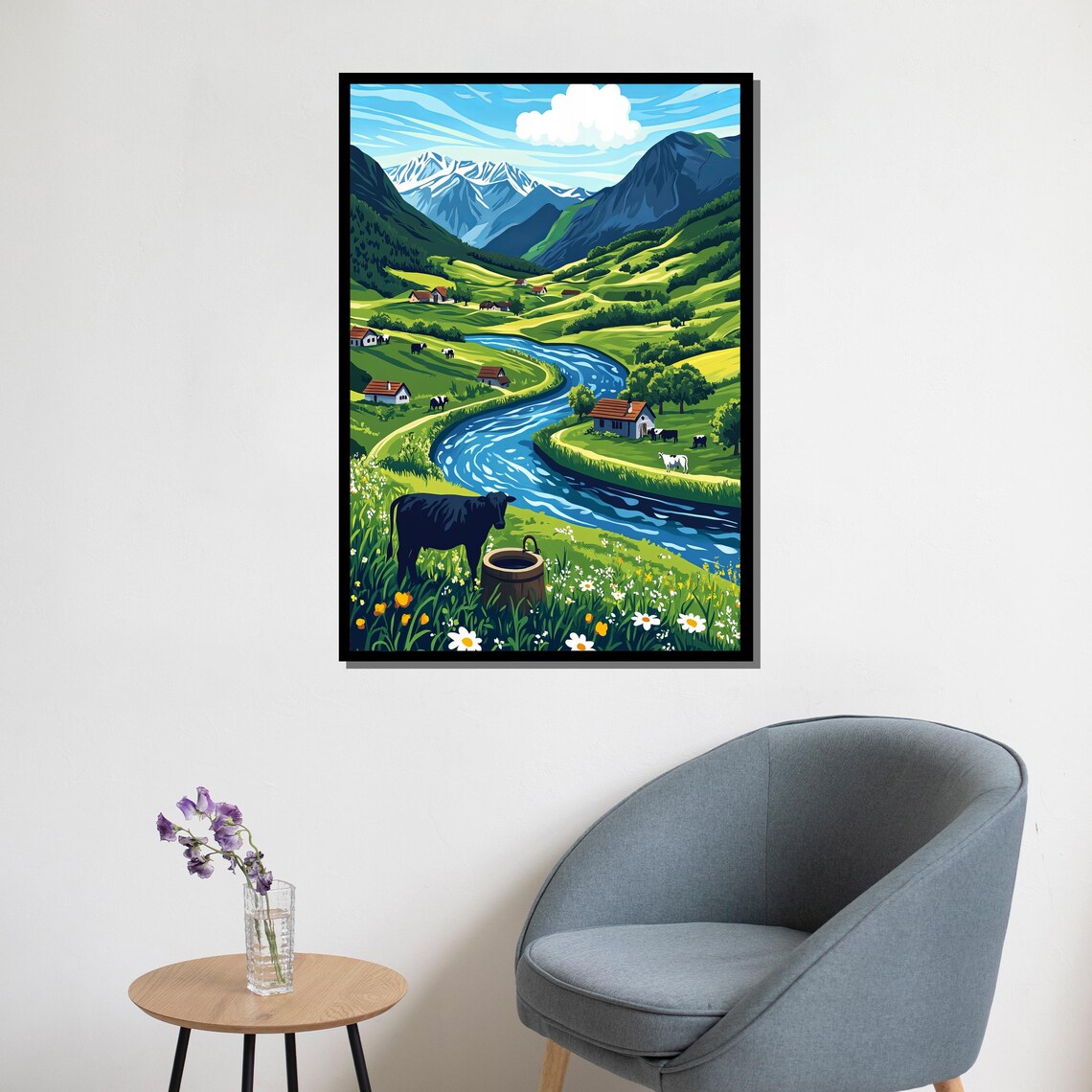 Alpine Valley River Farmhouses Cows Snowy Peaks Colorful Poster - Image 5