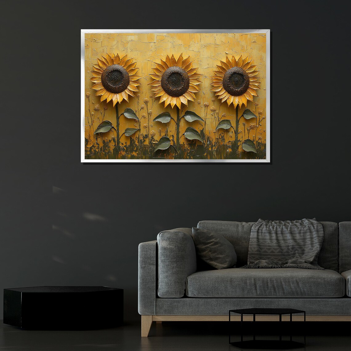 Golden Sunflowers Trio Textured Gold Impasto Painting Rustic Wall Art - Image 4
