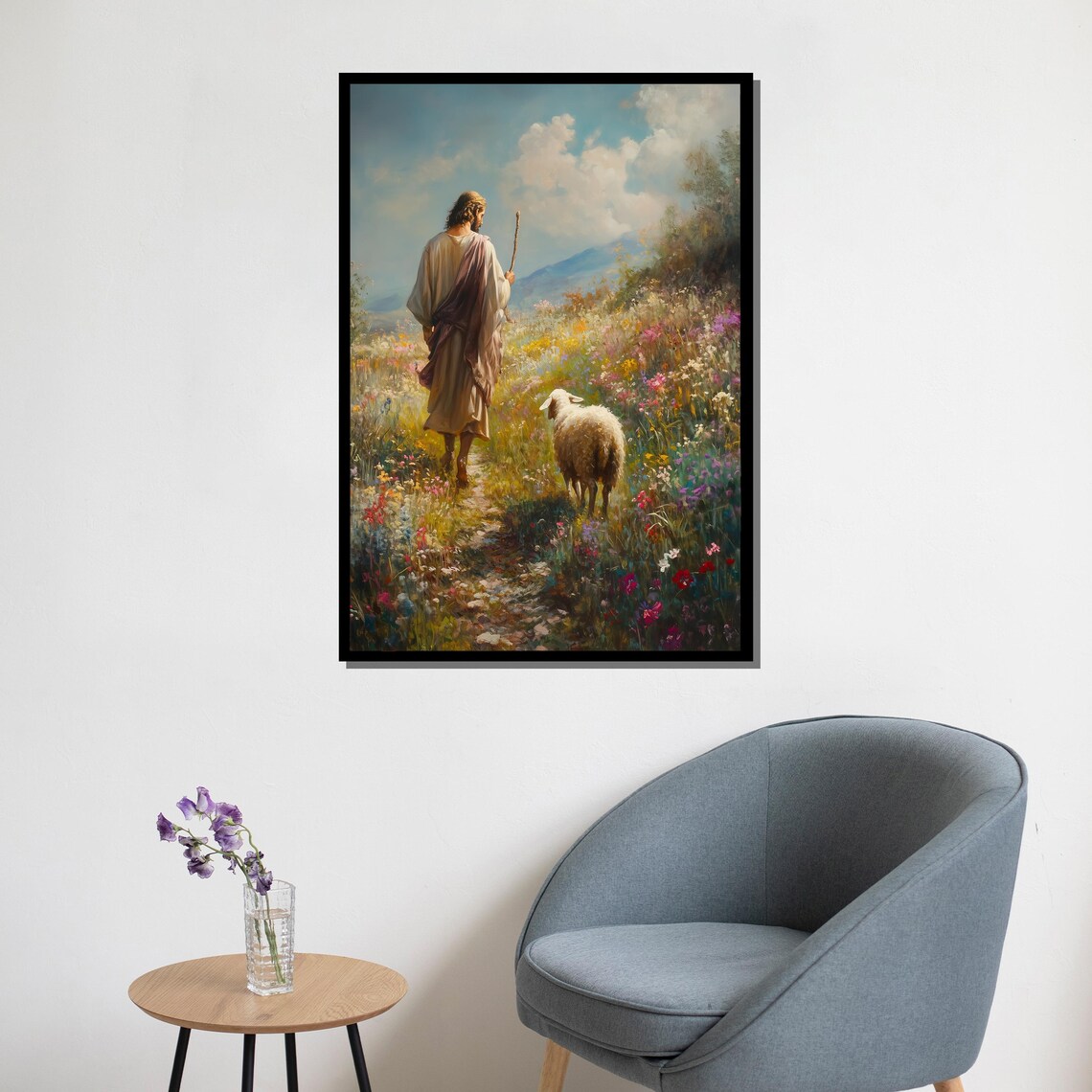 Jesus And Lost Sheep Flower Meadow Good Shepherd Painting Wall Poster - Image 5