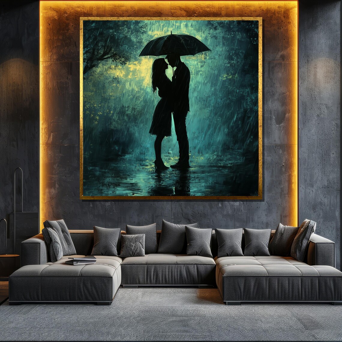 Silhouette Couple Under Umbrella Rainy Night Kiss Romantic Wall Poster