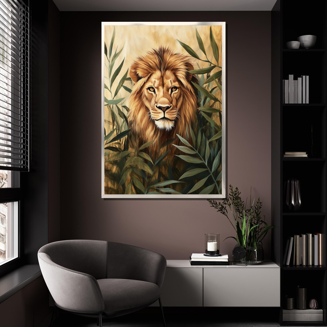 Lion Jungle Leaves Golden Regal Big Cat Face Portrait Wall Art - Image 4