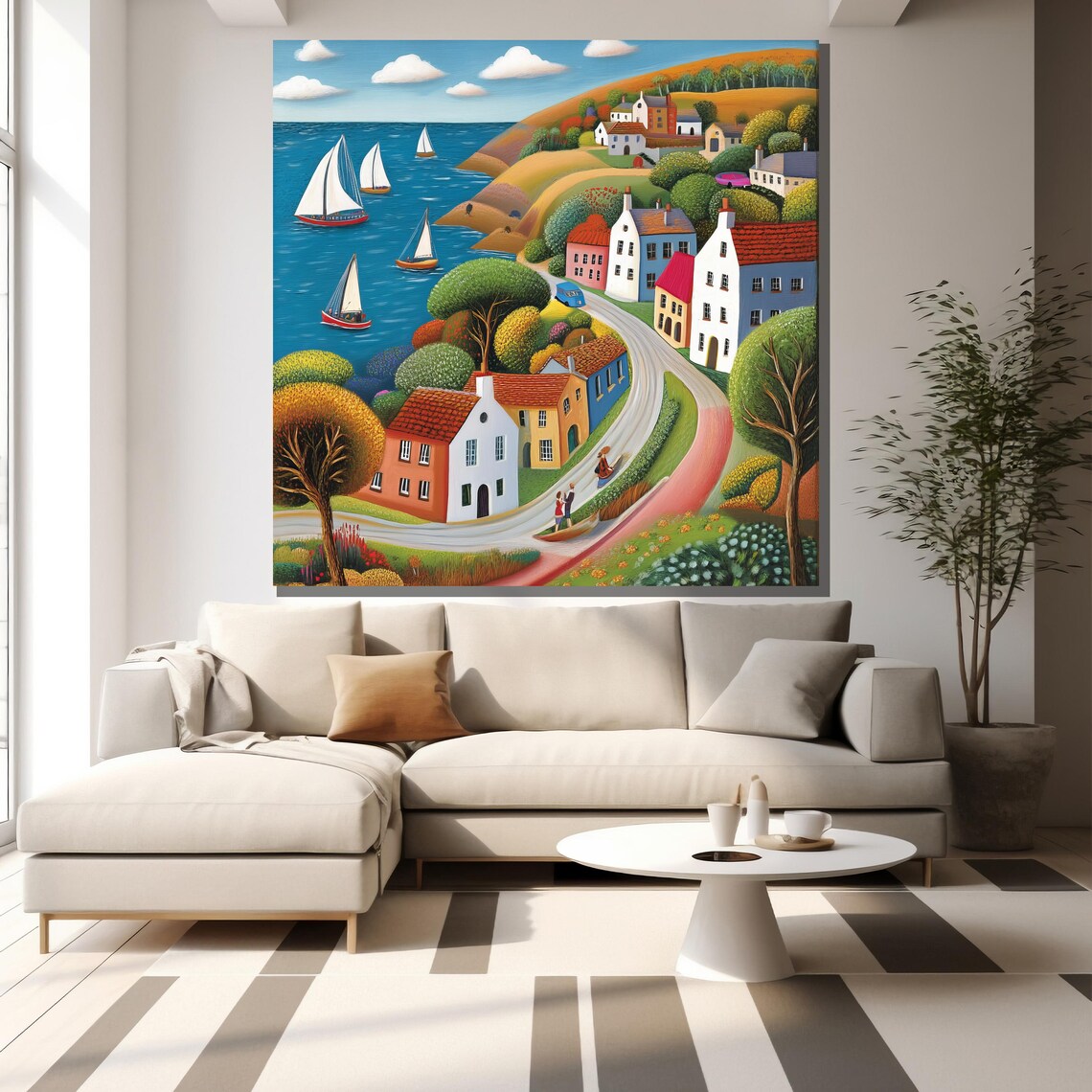 Colorful Coastal Village Sailboats Winding Road Naive Style Poster - Image 2