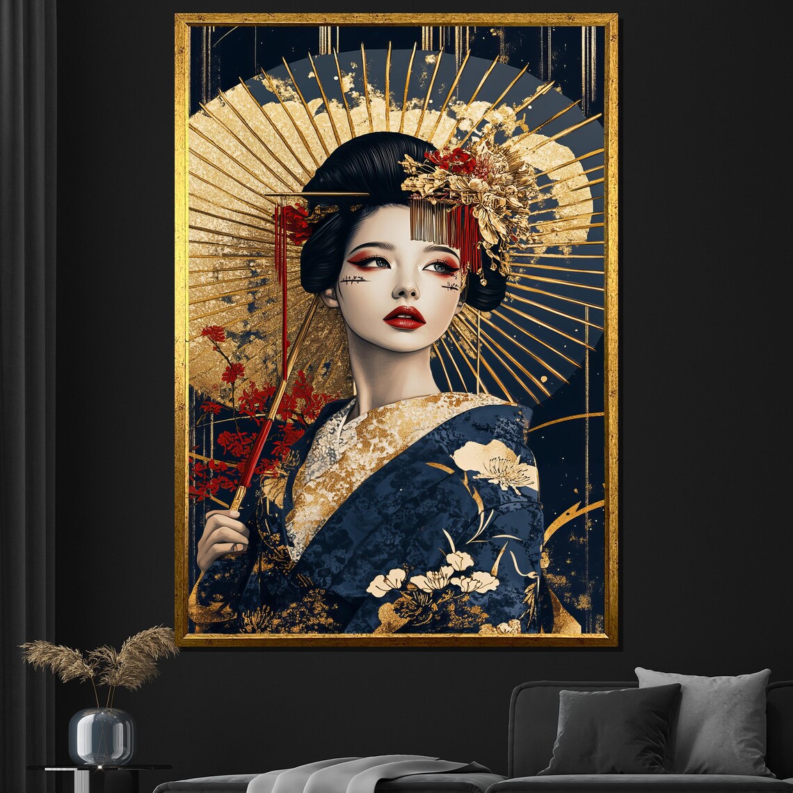 Luxury Geisha Gold Parasol Navy Blue Kimono Japanese Elegant Poster