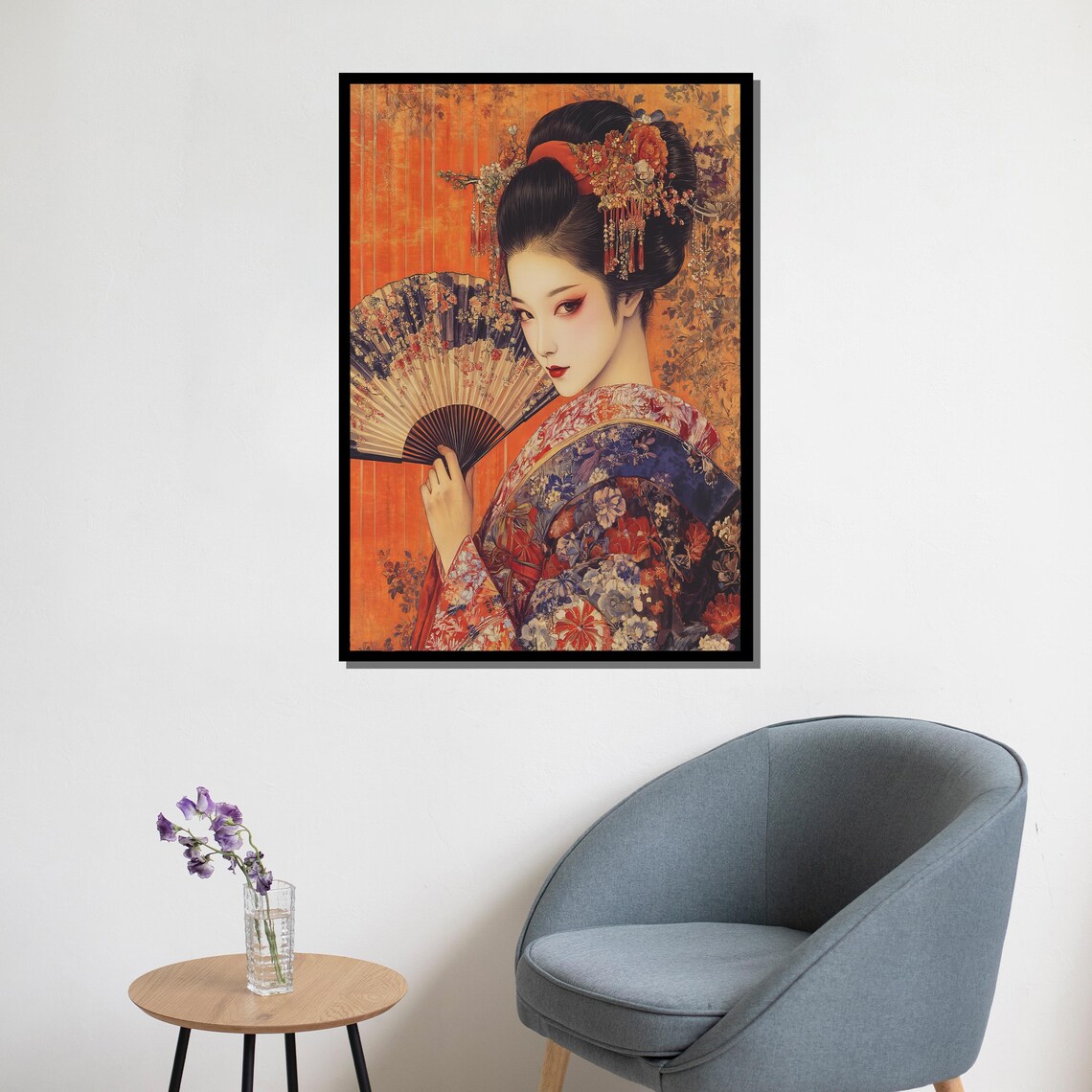 Japanese Geisha Portrait With Floral Fan Orange Background Art Poster - Image 5