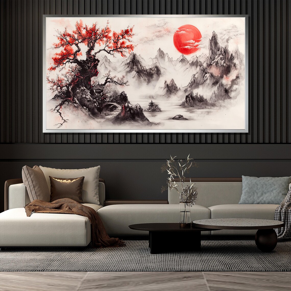 Japanese Ink Landscape Red Sun Misty Mountains Pagoda Art Poster - Image 4