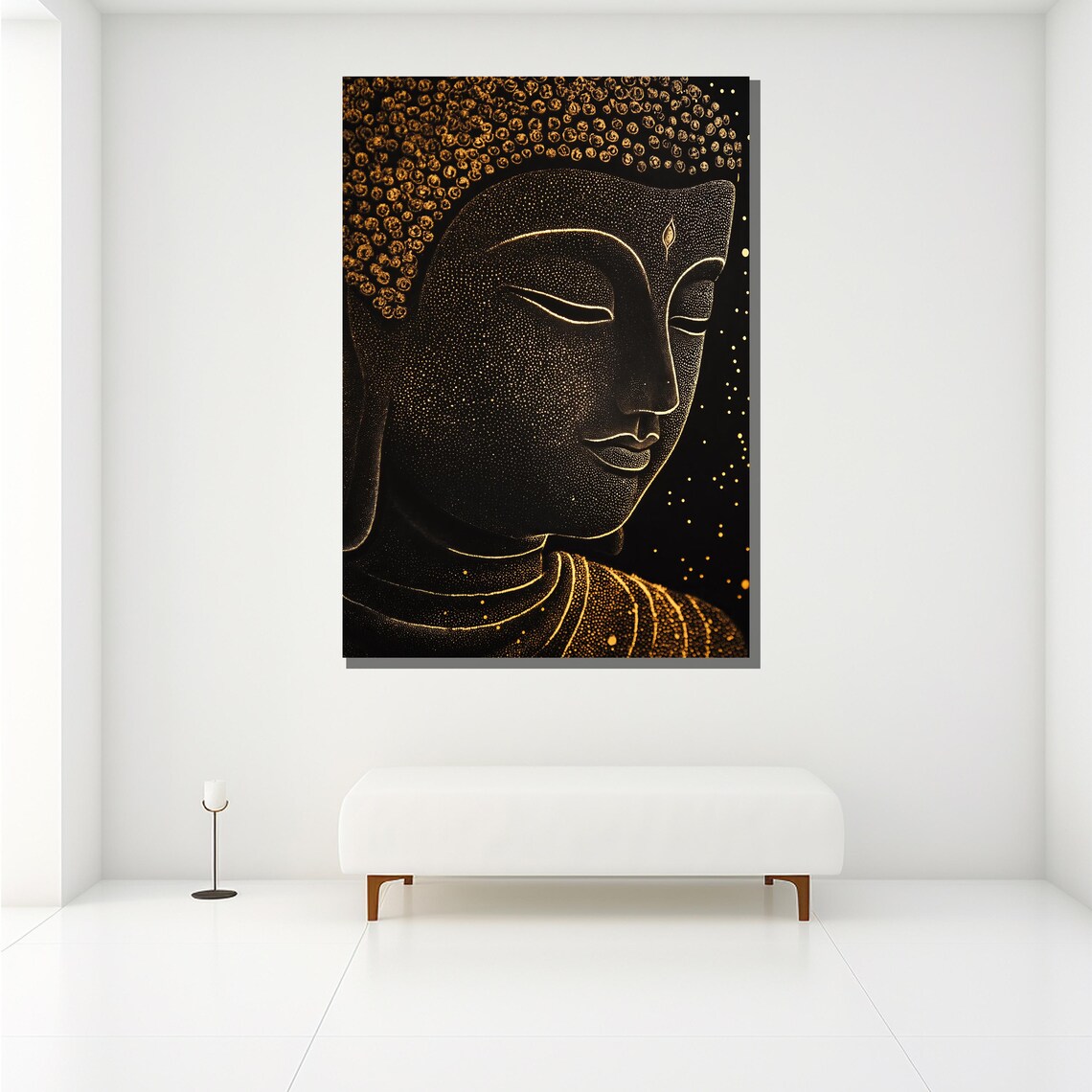 Golden Buddha Face Dotted Line Art Black Elegant Zen Meditation Poster - Image 2
