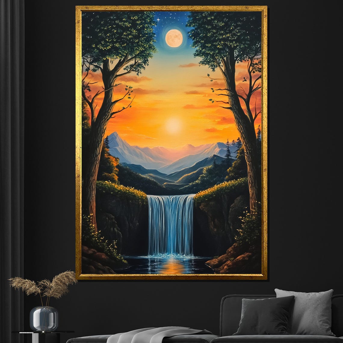 Sunset Waterfall Mountains Moonlit Sky Serene Nature Painting Poster