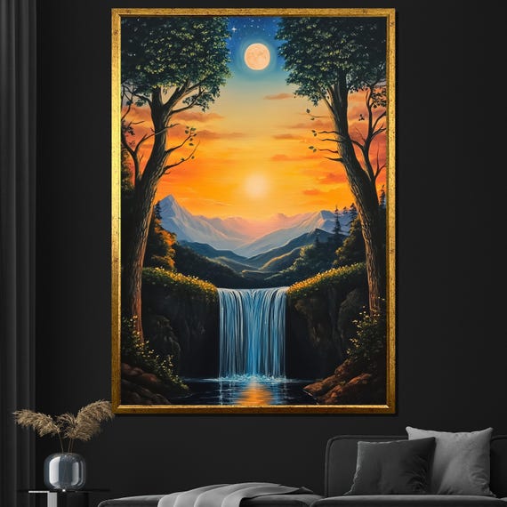 Serene Painting Of Sunset Waterfall And Mountains Unique Wall Art For Living Room Modern Nature Art Gift