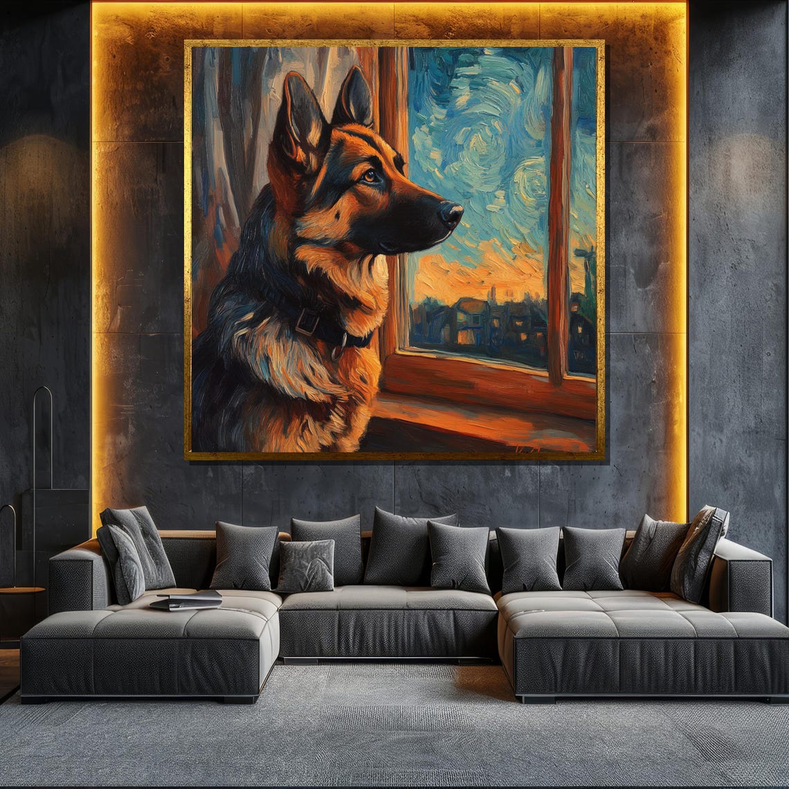 German Shepherd Starry Night Style Window Loyal Dog Art Poster