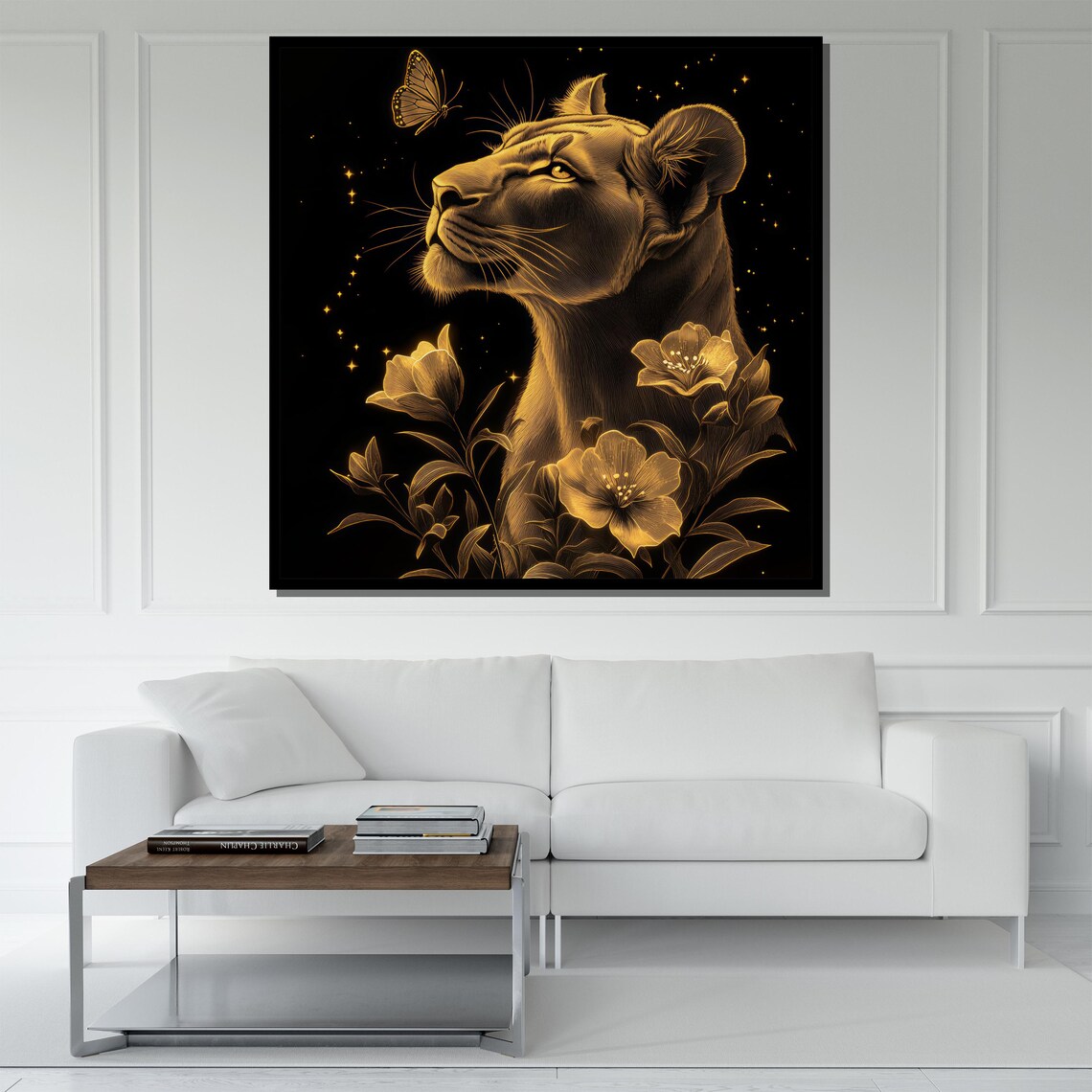 Lioness Golden Floral Elegant Black Gold Wildlife Butterfly Wall Art - Image 5