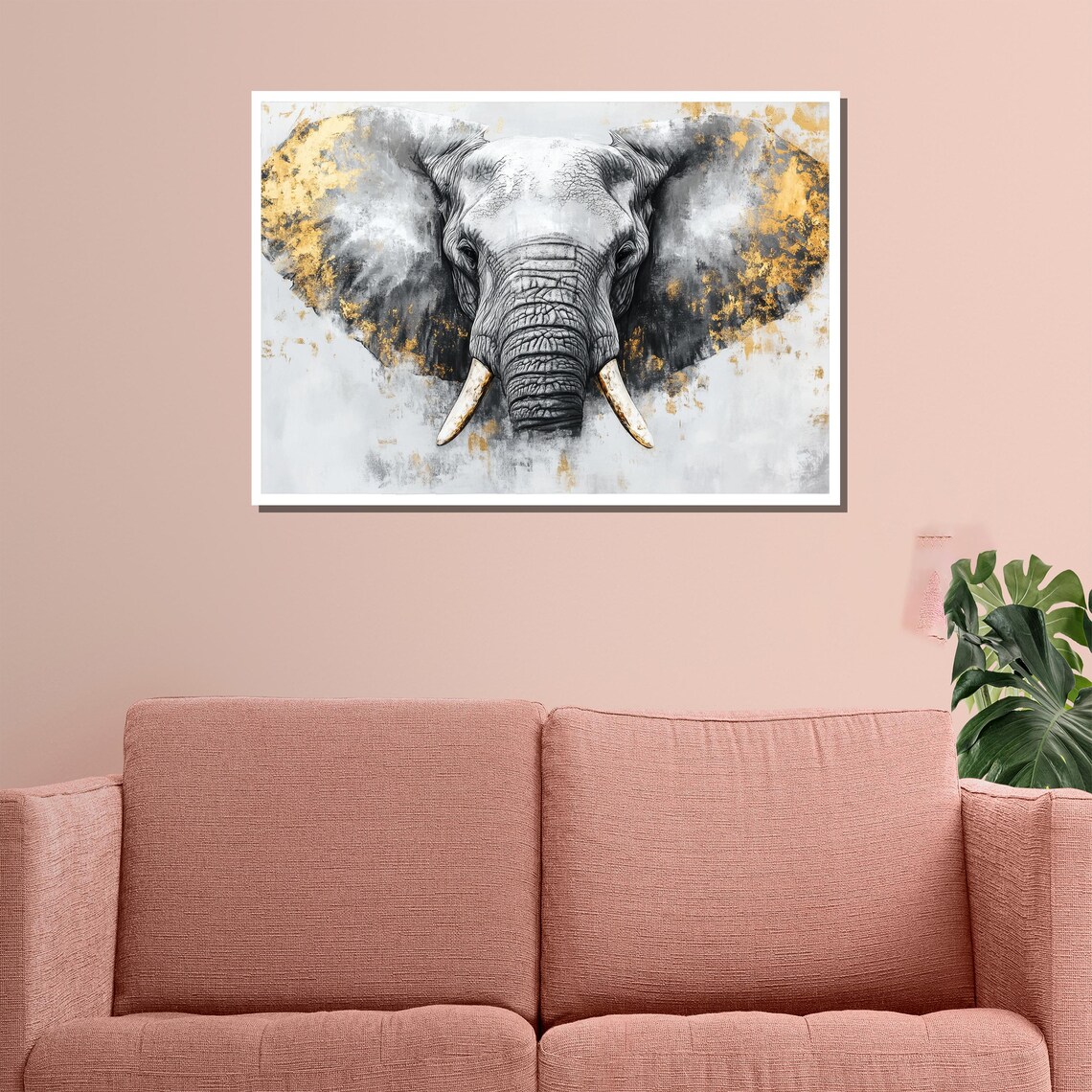 Elephant Head Gold Leaf Painting Gray White Modern Wildlife Animal Wall Art Poster - Image 3
