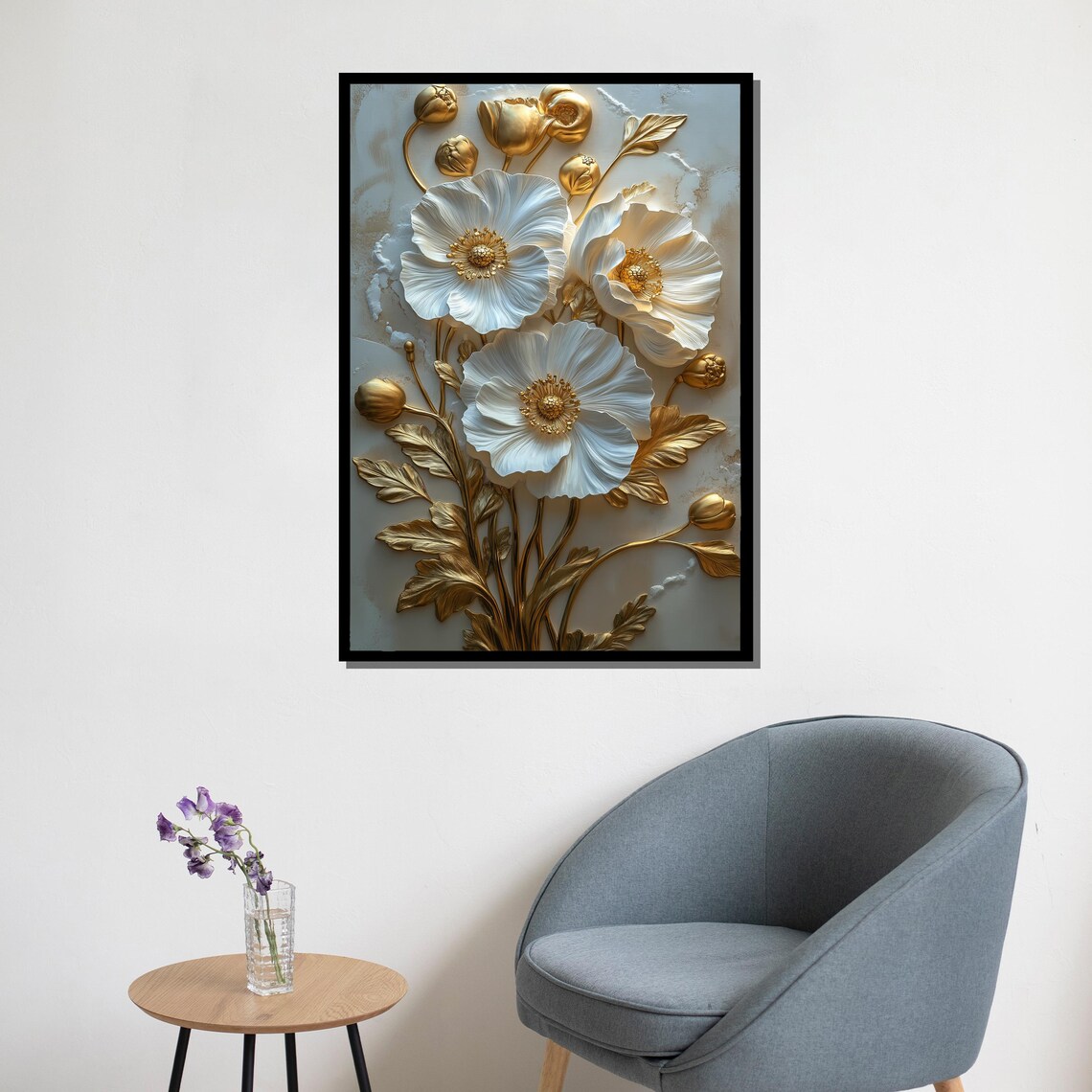 White Poppies With Gold Stems 3D Textured Floral Wall Art Poster - Image 5