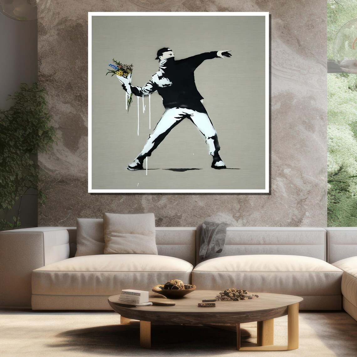 Banksy Flower Thrower Stencil Black White Street Art Wall Poster - Image 3