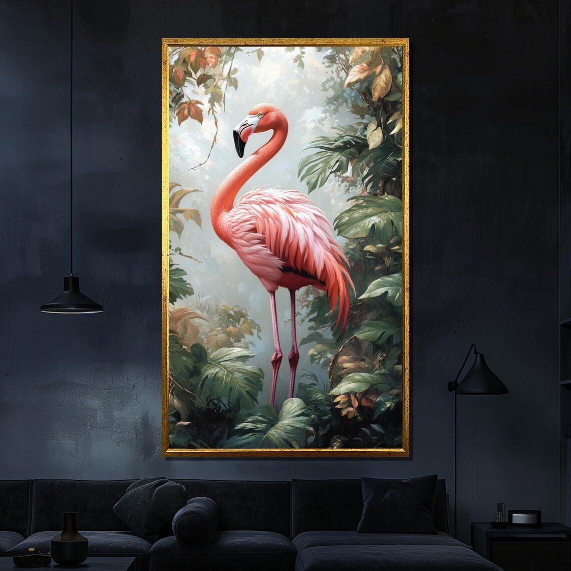 Pink Flamingo Standing In Lush Tropical Jungle Painting Wall Poster