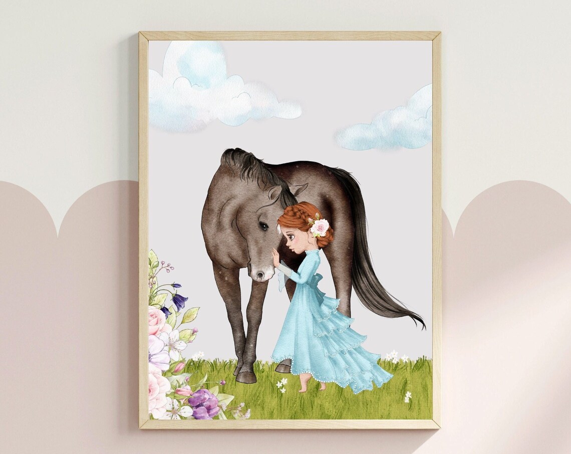 Red Hair Girl In Blue Dress Nuzzling Horse Watercolor Nursery Poster