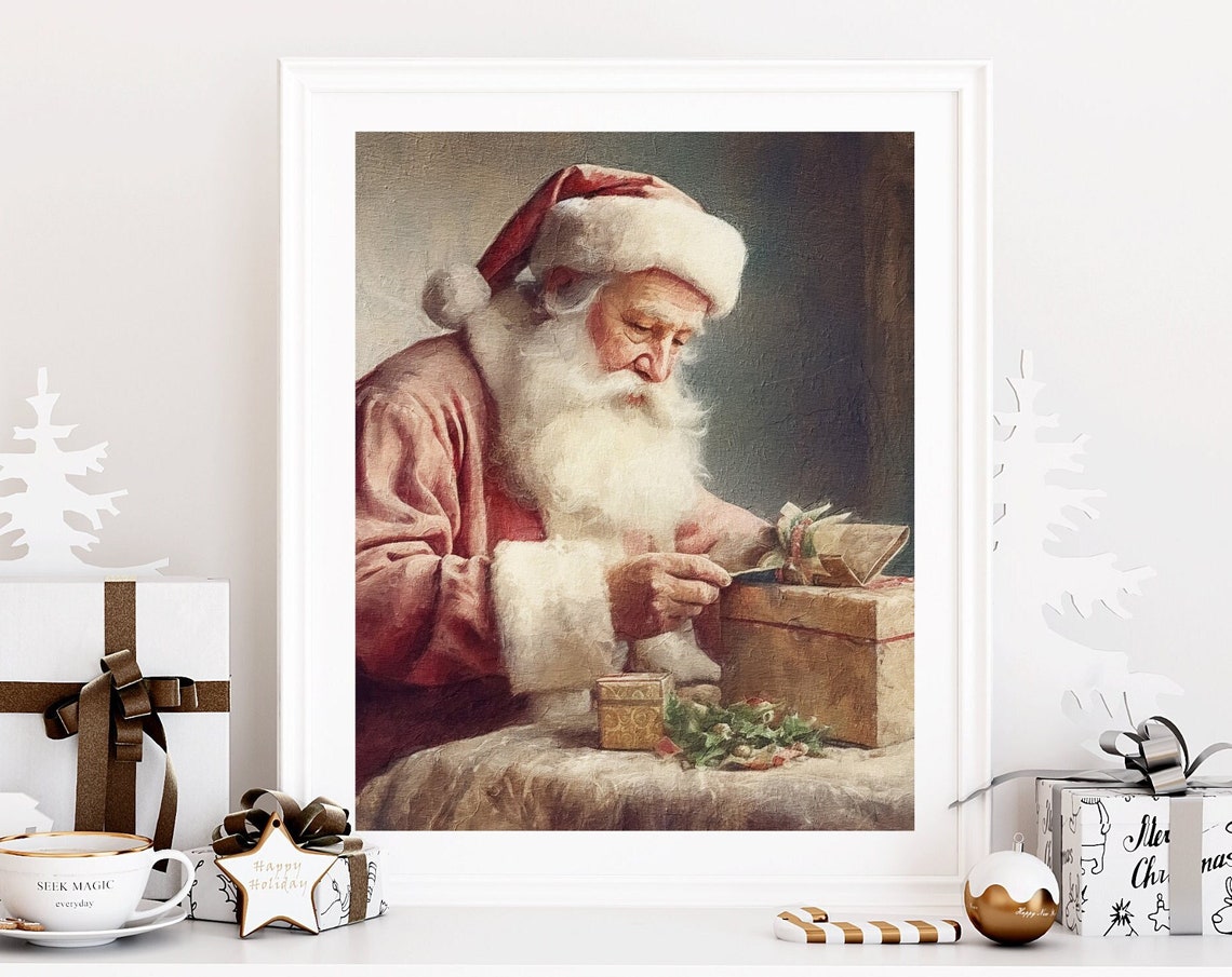 Santa Claus Wrapping Gifts Vintage Oil Painting Christmas Poster