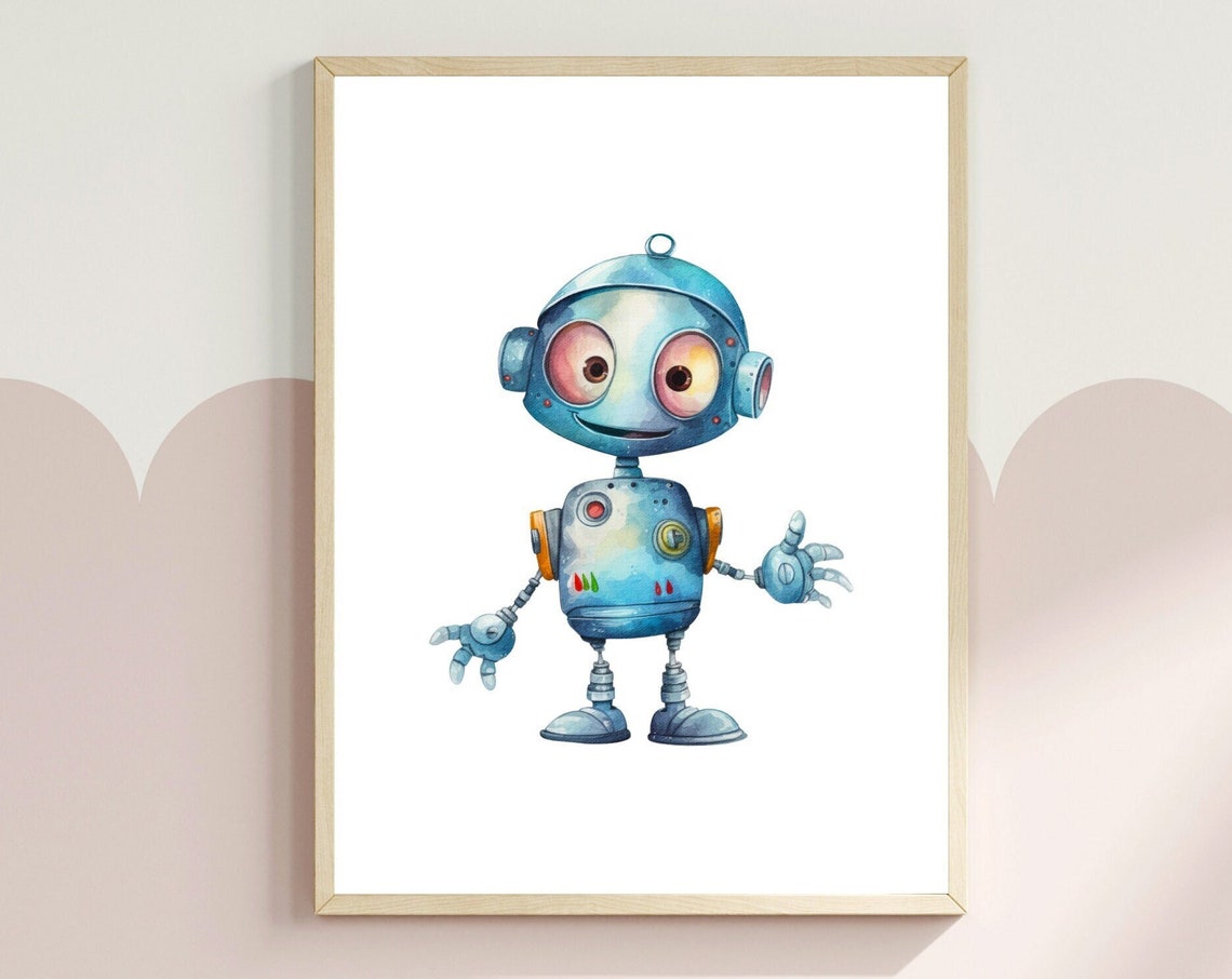 Cute Blue Robot Big Eyes Watercolor Nursery Boys Room Art Poster