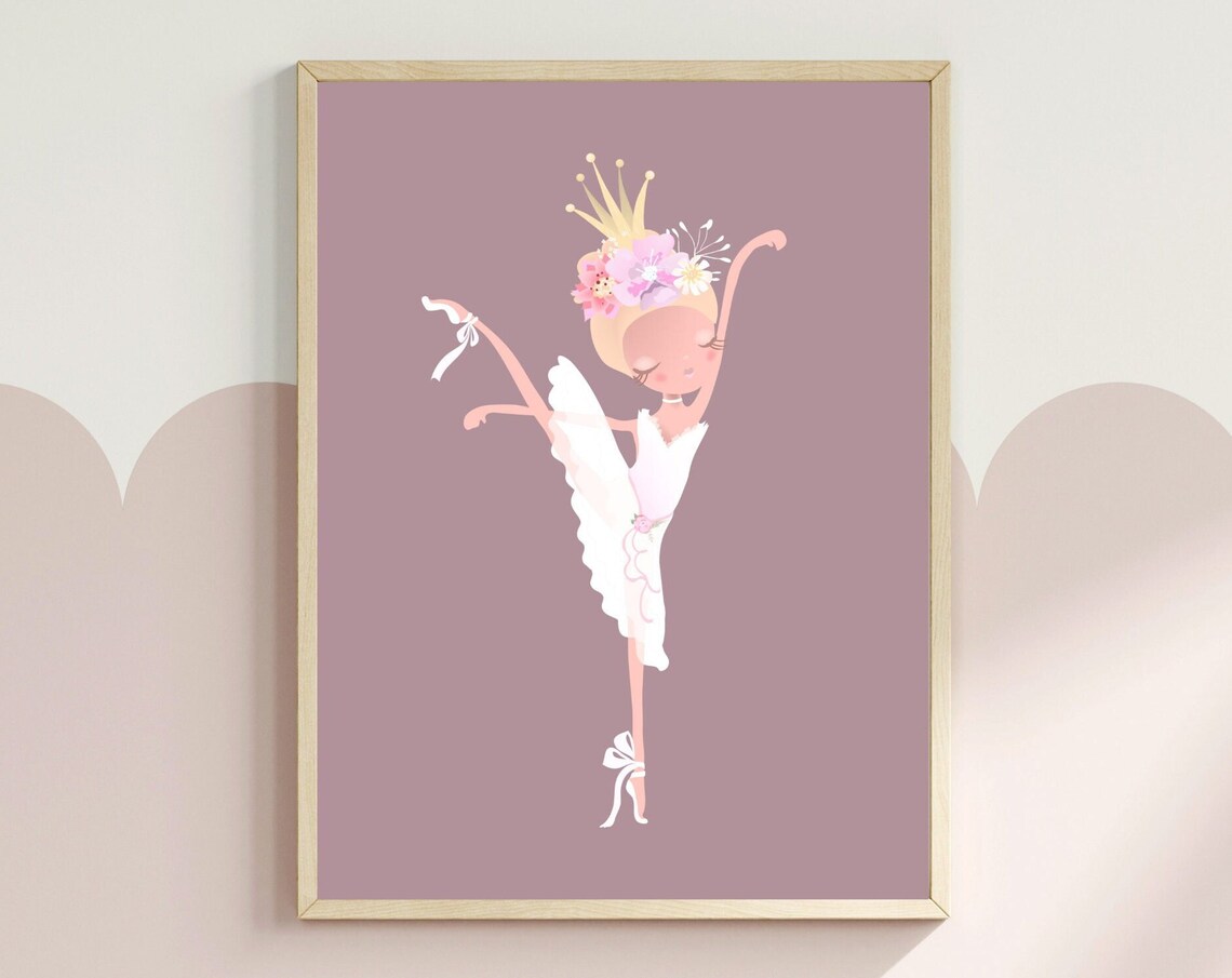 Ballerina Princess With Floral Crown On Mauve Girls Room Poster