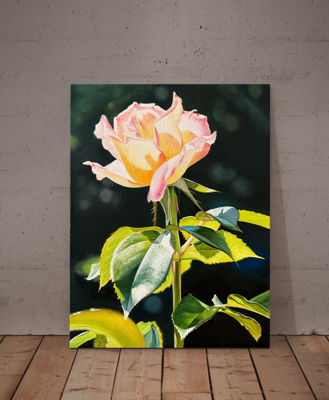 Pink Yellow Rose Bud Sunlit Stem Dark Background Oil Wall Art