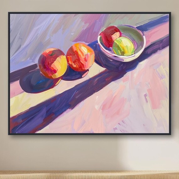 Minimal Still Life Painting Purple Pink Abstract With Fruit Large Modern Art Framed Or Gicle Print Window Sill