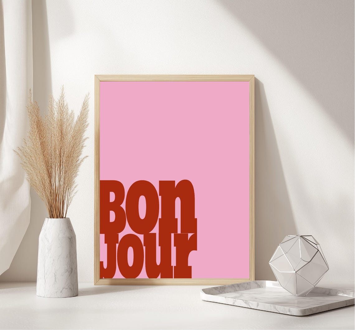 Bon Jour Bold Red Typography Pink Background French Wall Art - Image 4