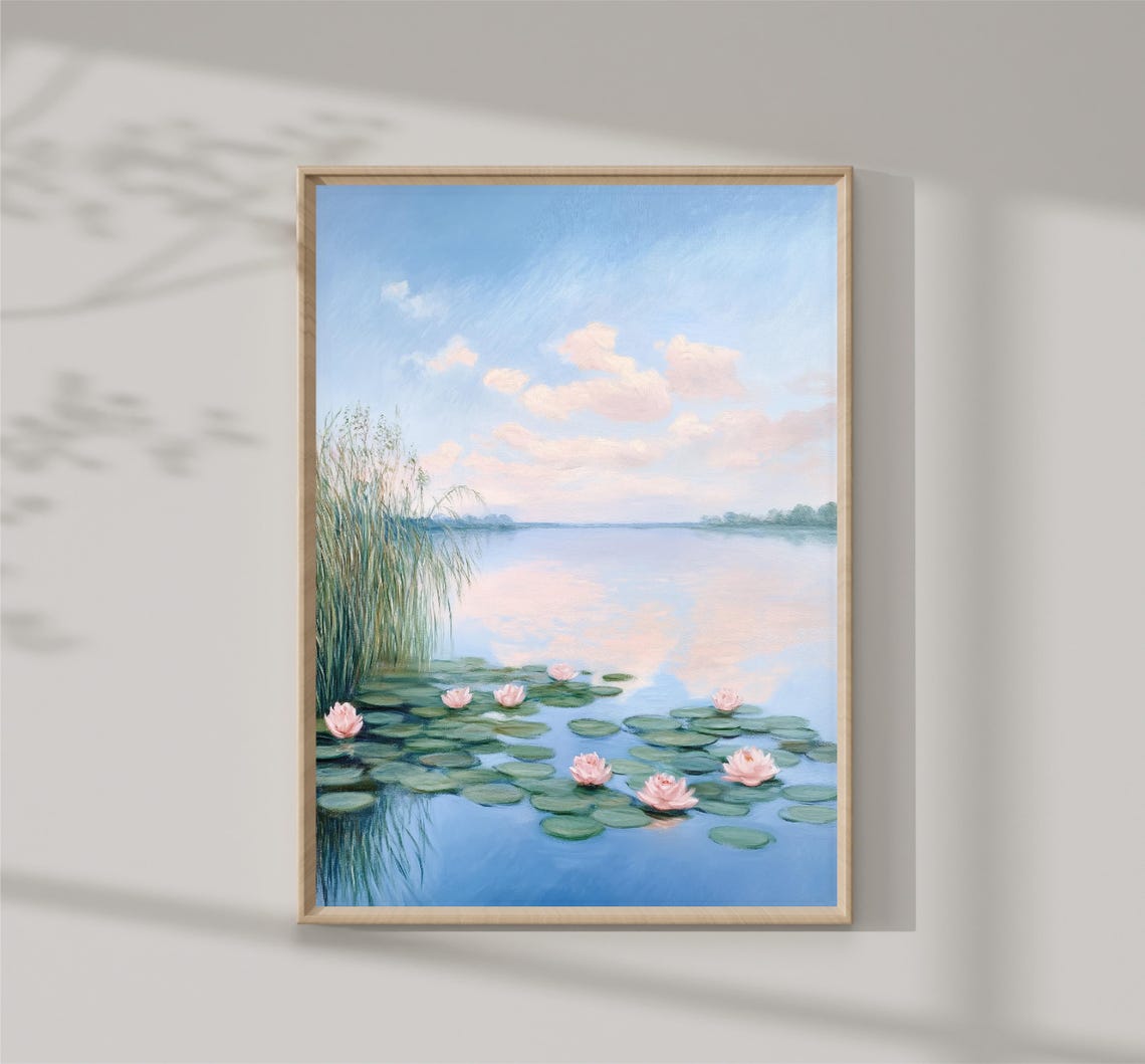 Pink Water Lilies Calm Blue Lake Reflections Tranquil Pond Print