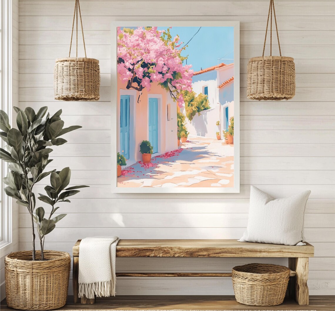 Greek Island Street Bougainvillea Bloom Blue Doors Travel Poster - Image 2