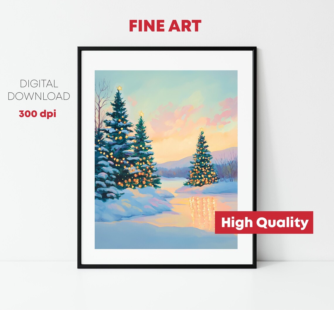 Snowy Evergreens Golden Lights Frozen Pond Winter Holiday Poster - Image 3