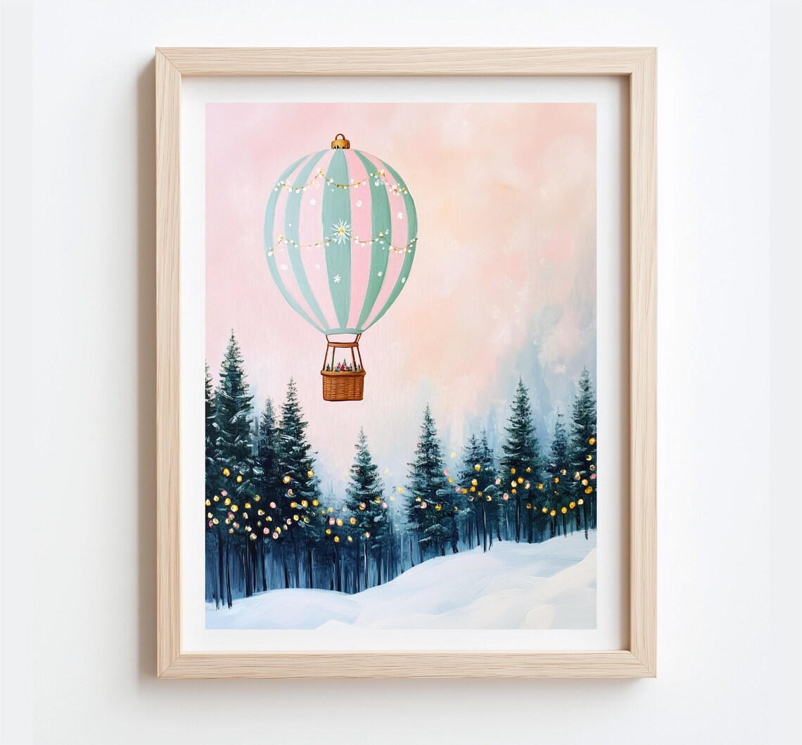 Pastel Hot Air Balloon Over Snowy Forest Pink Sky Holiday Poster - Image 2
