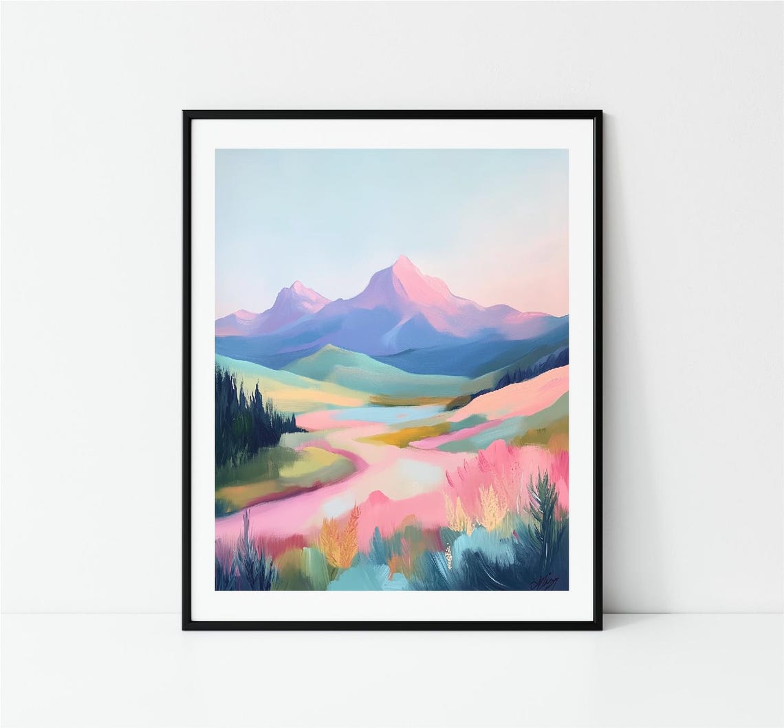 Pastel Mountain Valley Pink Peaks Winding Meadow Path Art Print - Image 3