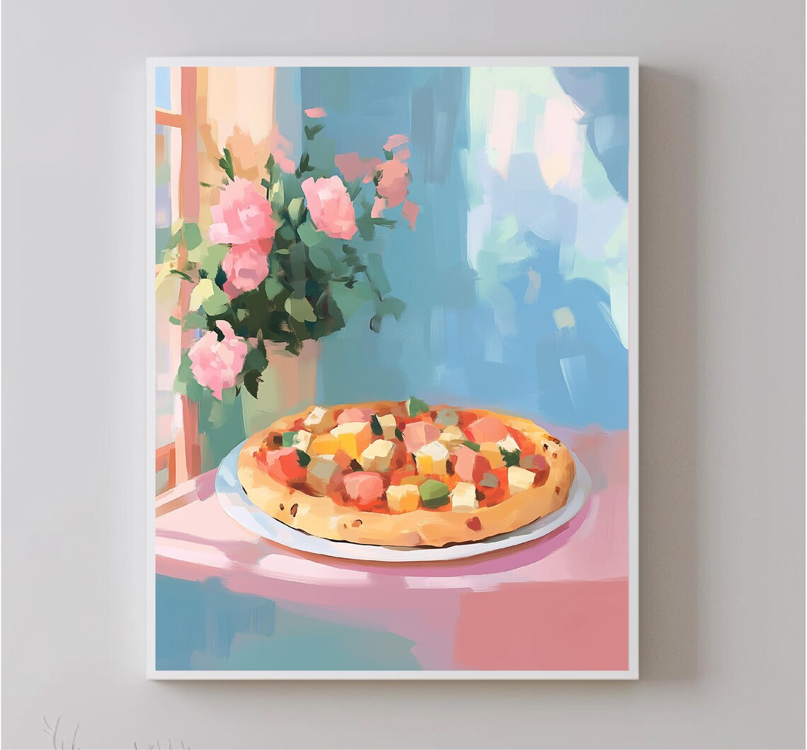Cheesy Pizza By Sunny Window Pink Flowers Kitchen Decor Print