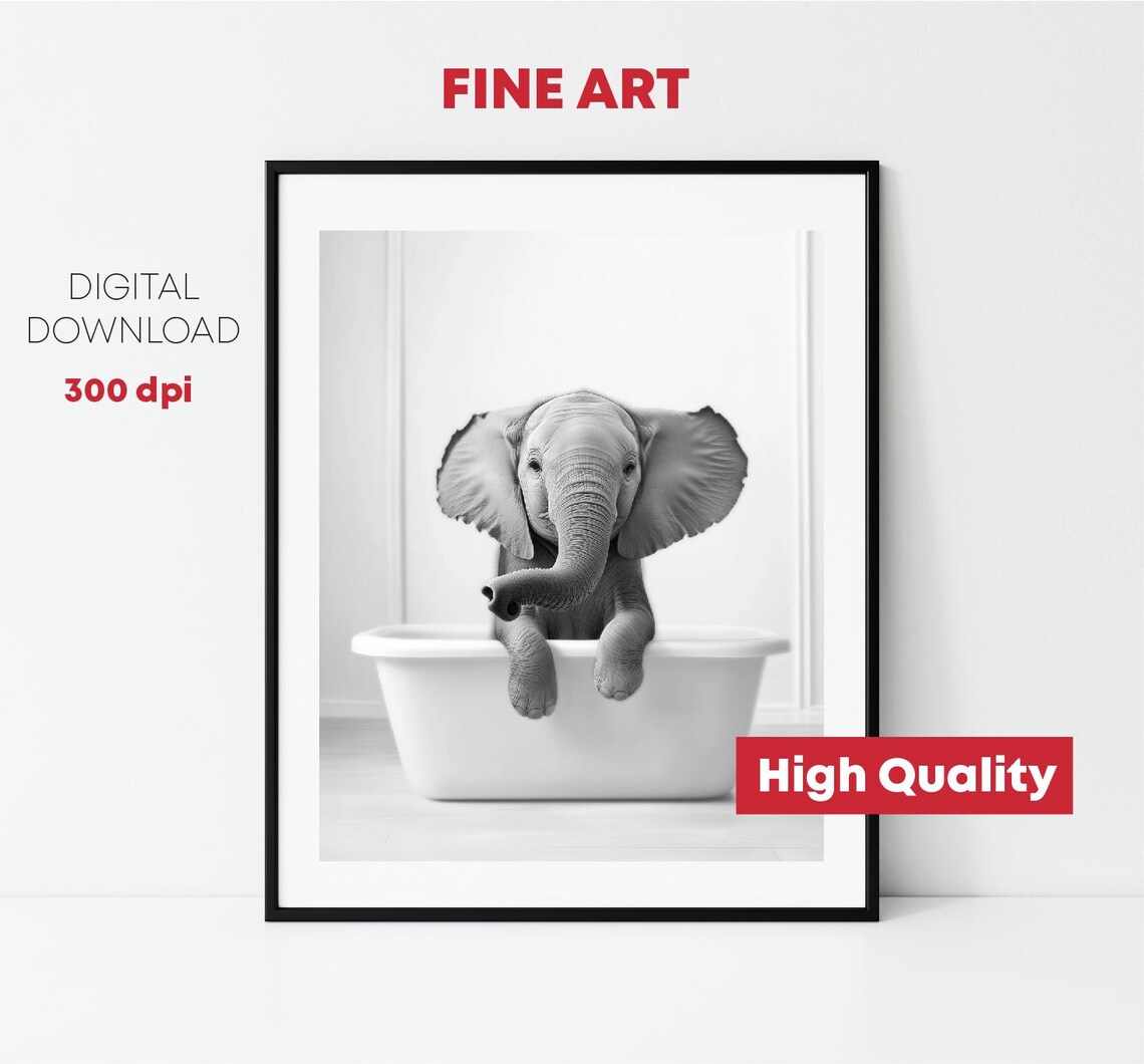 Baby Elephant Sitting In White Bathtub Black White Nursery Photo Print - Image 2