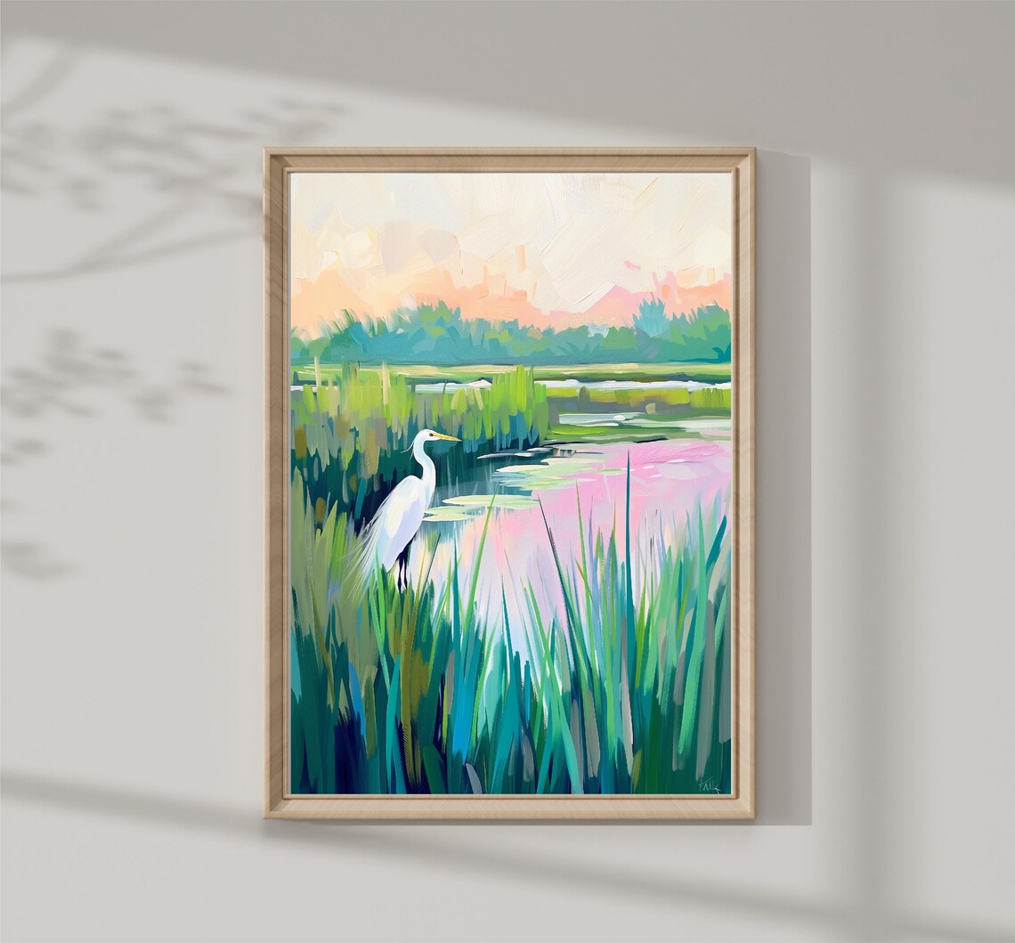 White Egret Sunset Marsh Wetlands Pink Sky Nature Painting Poster