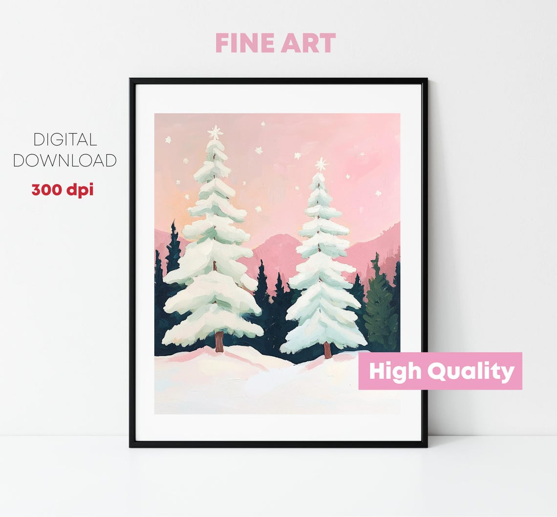 Snowy Pink Christmas Trees With Stars Winter Landscape Art Poster - Image 4
