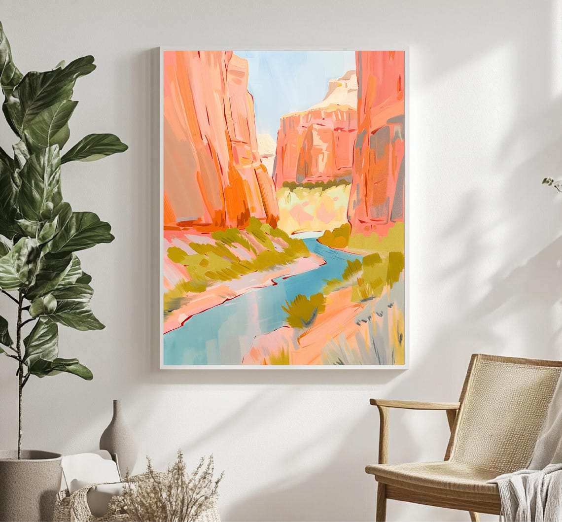 Pastel Canyon Cliffs With Blue River Desert Landscape Art Poster - Image 5