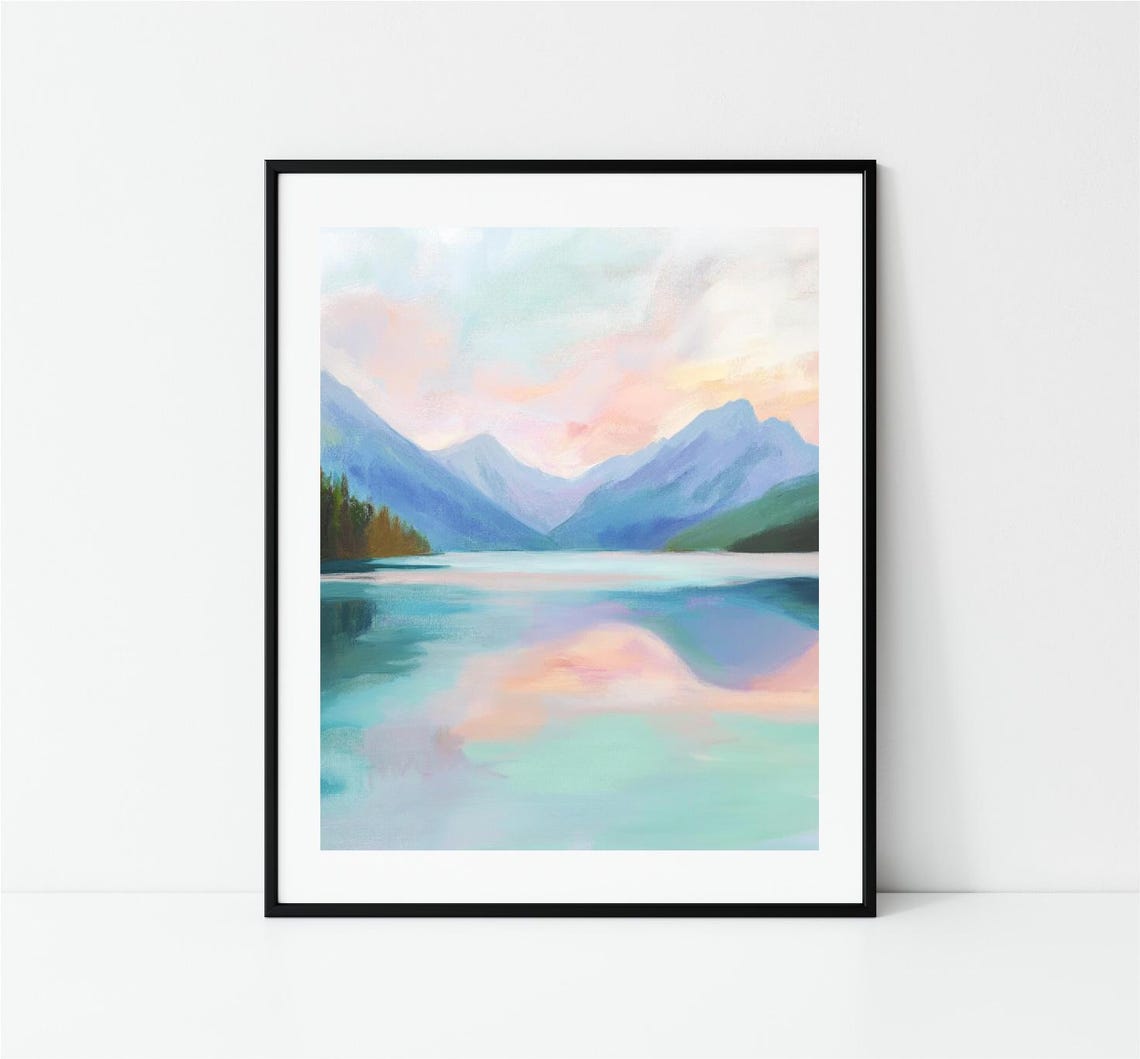 Turquoise Mountain Lake Pink Sky Reflection Landscape Art Print - Image 3