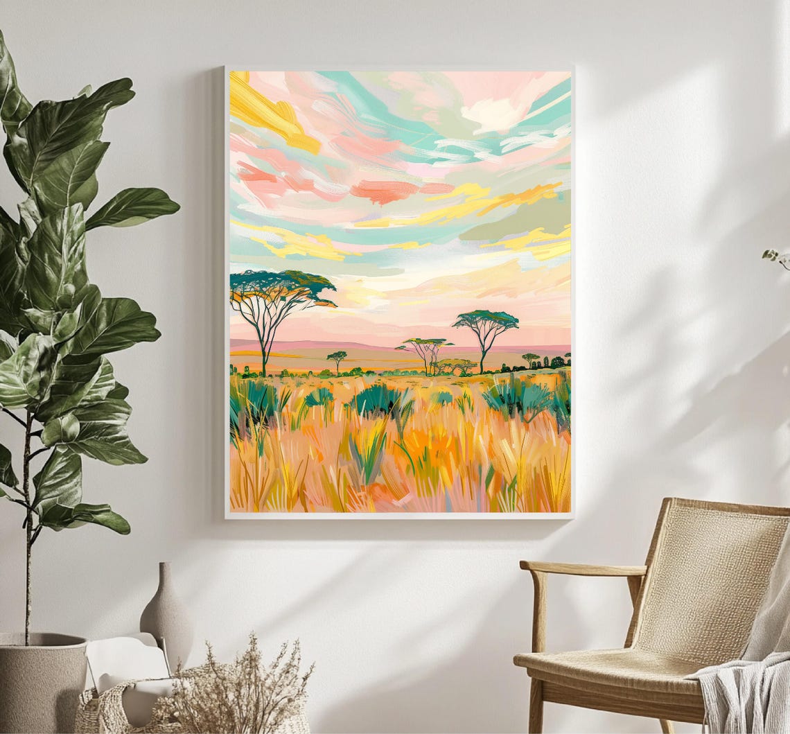 Pastel Savanna Landscape With Acacia Trees Colorful Sky Art Poster - Image 5