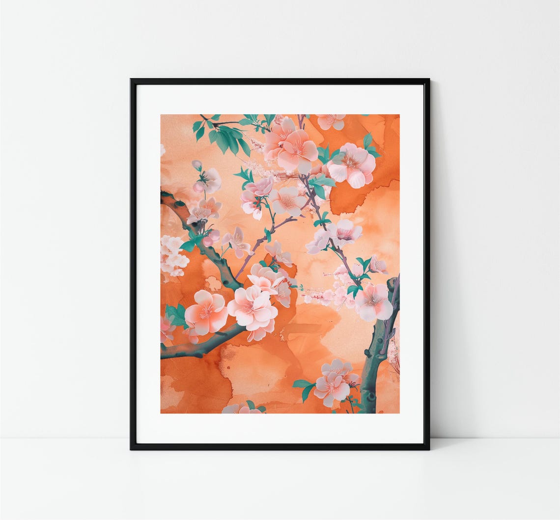 Cherry Blossom Branches Orange Watercolor Japanese Floral Poster - Image 3