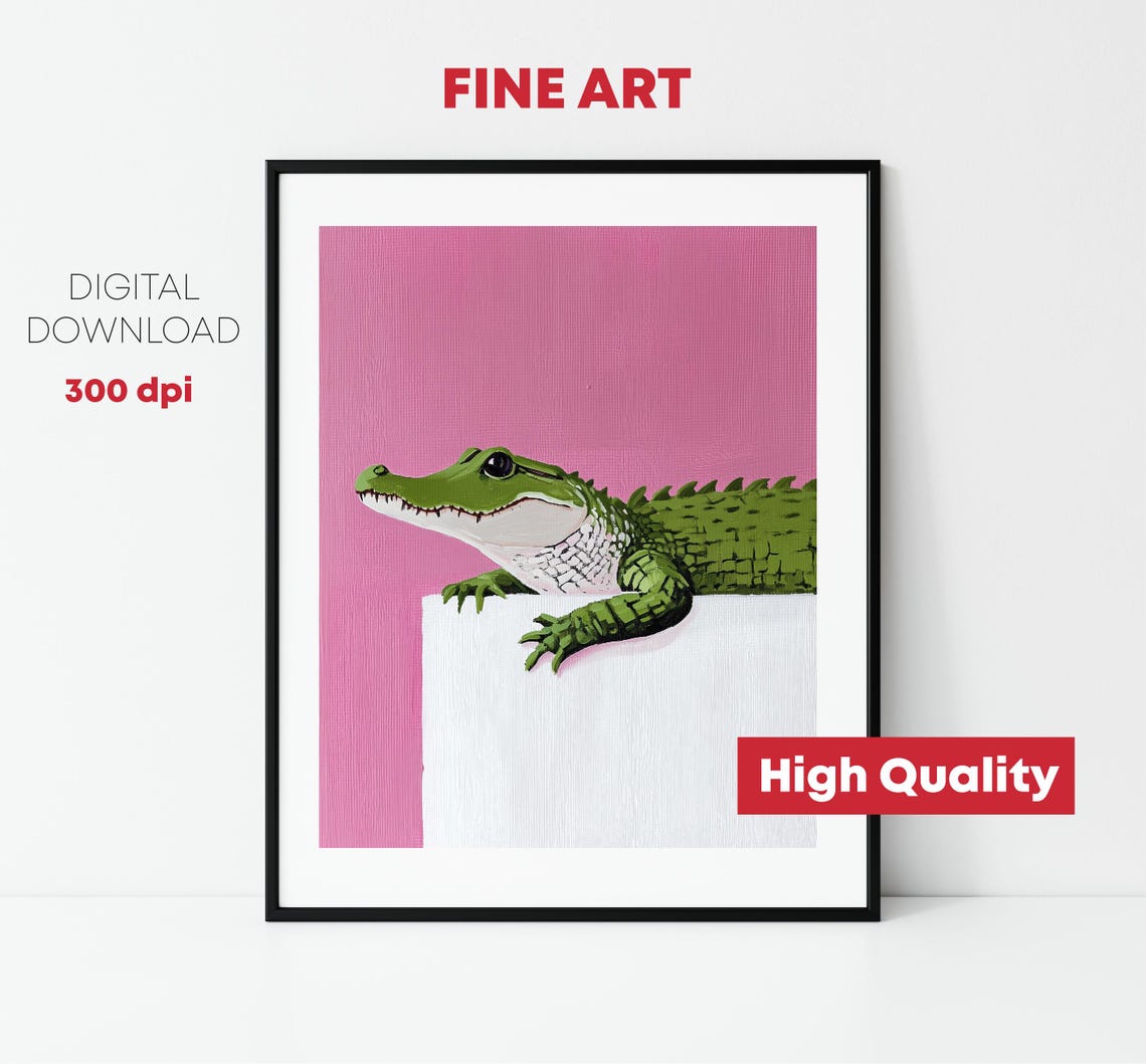 Smiling Green Crocodile Peeking Over Ledge Pink Background Print - Image 2