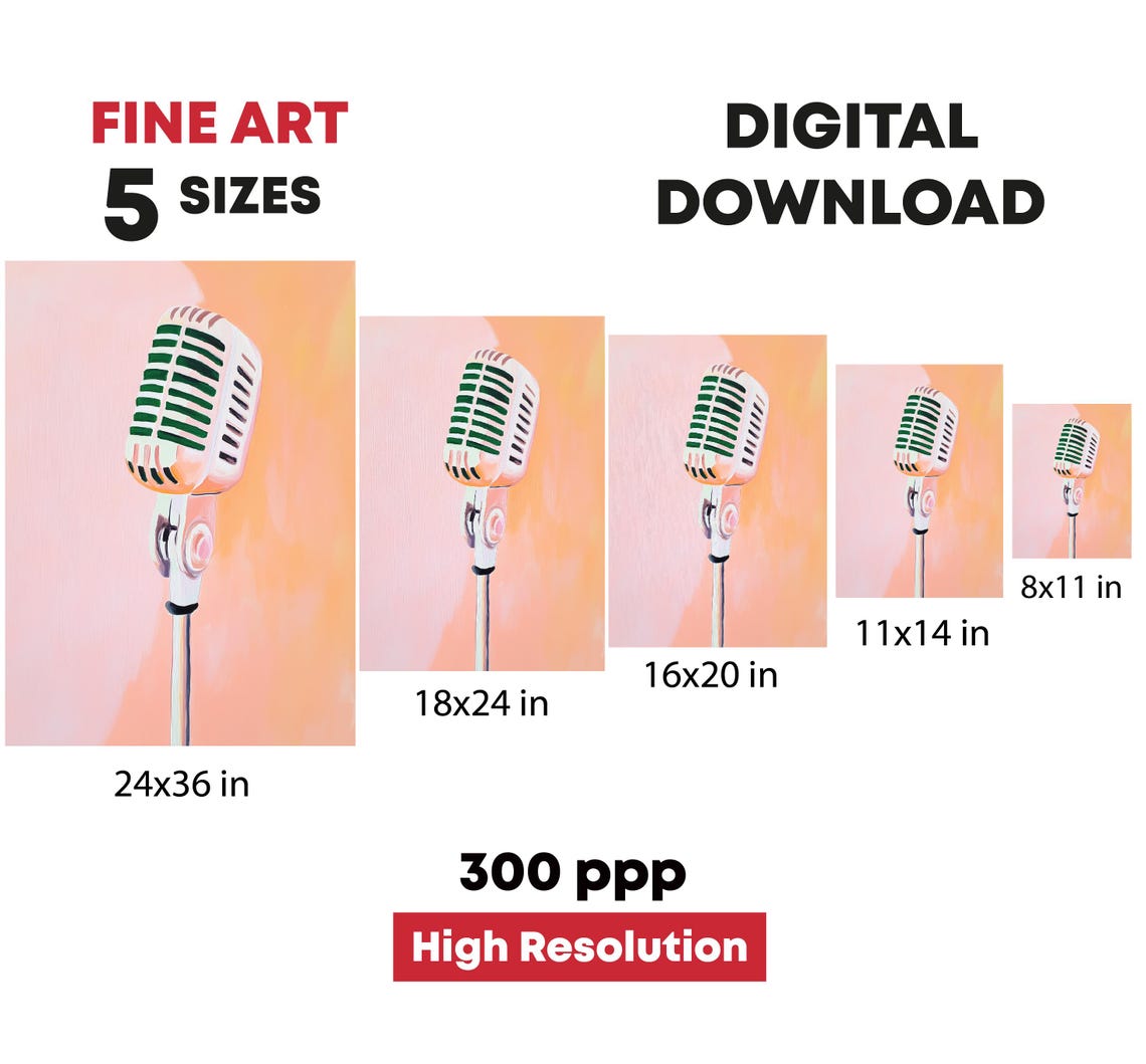 Vintage Retro Microphone Pink Orange Background Music Art Print - Image 4
