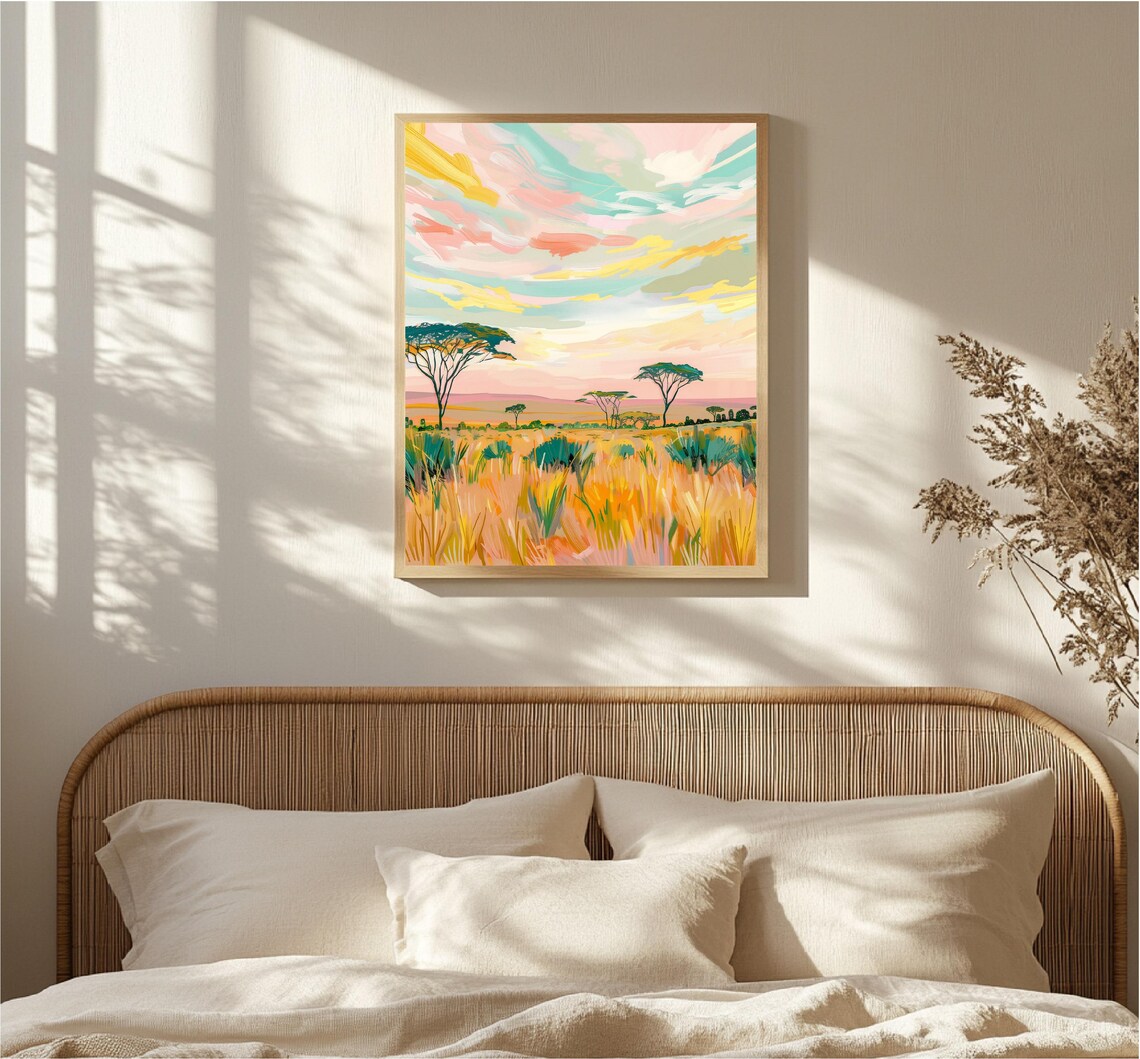 Pastel Savanna Landscape With Acacia Trees Colorful Sky Art Poster - Image 4