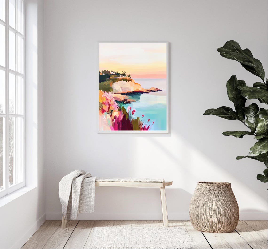 Coastal Cliff Sunset Pastel Ocean Flowers Seaside Landscape Poster - Image 5