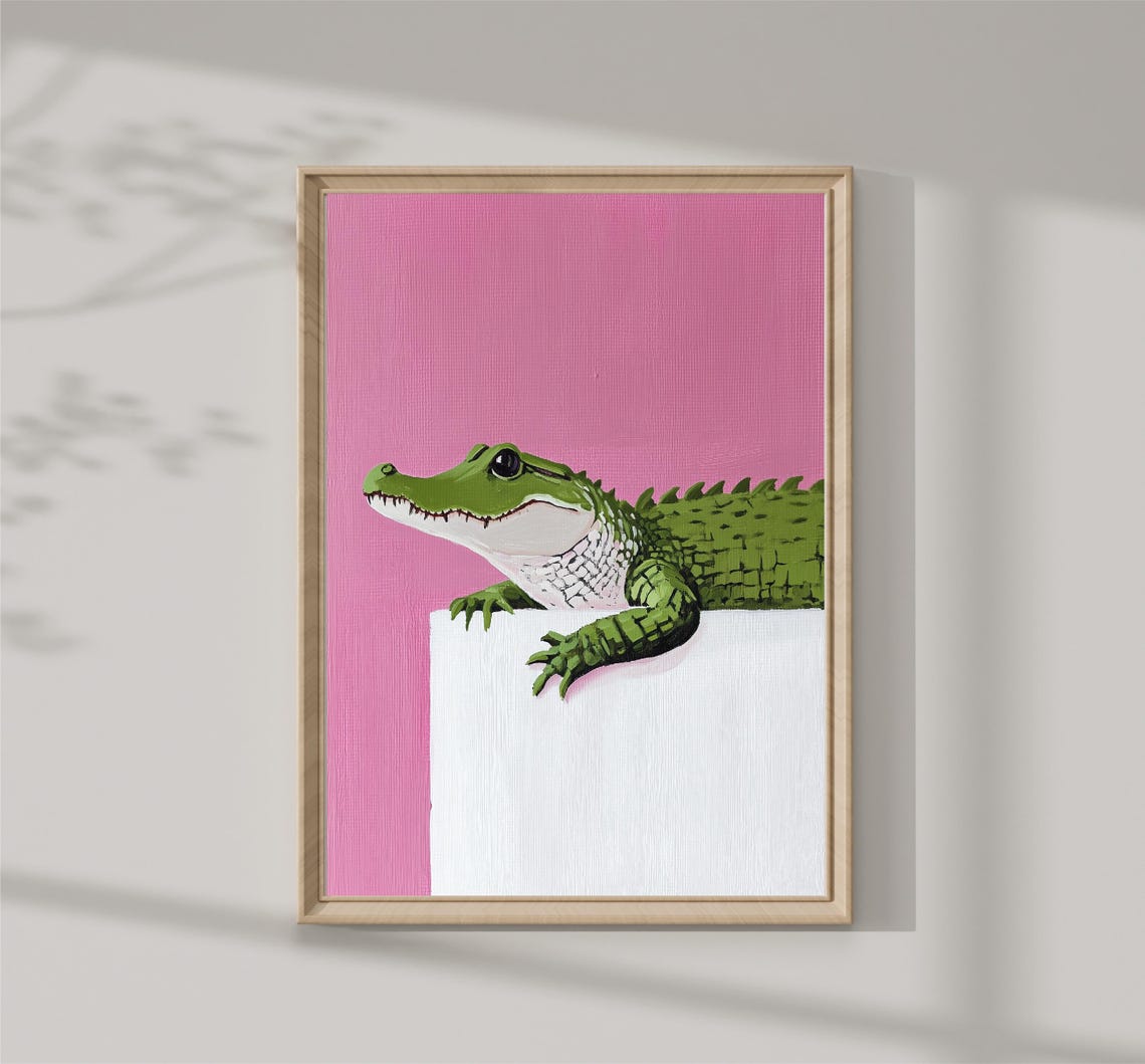 Smiling Green Crocodile Peeking Over Ledge Pink Background Print