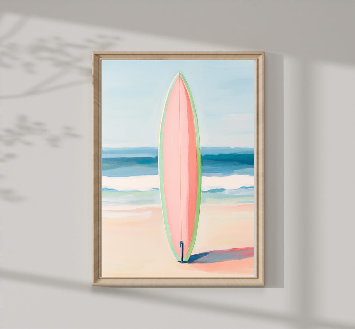 Pink Surfboard Sandy Beach Ocean Waves Retro Surf Summer Wall Art
