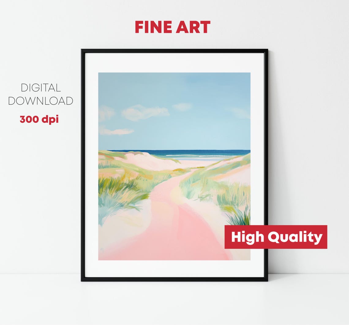 Pink Beach Dune Path Ocean Horizon Pastel Coastal Summer Travel Poster - Image 2